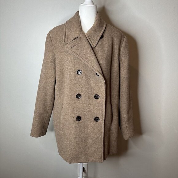 CALVIN KLEIN Wool Blend Pea Coat Double Breasted Spread Collar Beige Oat Size 0X - Picture 1 of 13